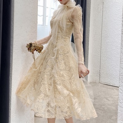 ドレス ワンピース パーティードレス 結婚式 二次会 披露宴 シャンパンゴールド レース シースルー 長袖 リボン ロング丈 プチプラレディースファッション通販 Yboueki