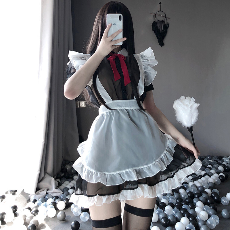 4点 メイド服 ボウタイ 少女 透け感 配色 かわいい セクシーランジェリー Miyabi5