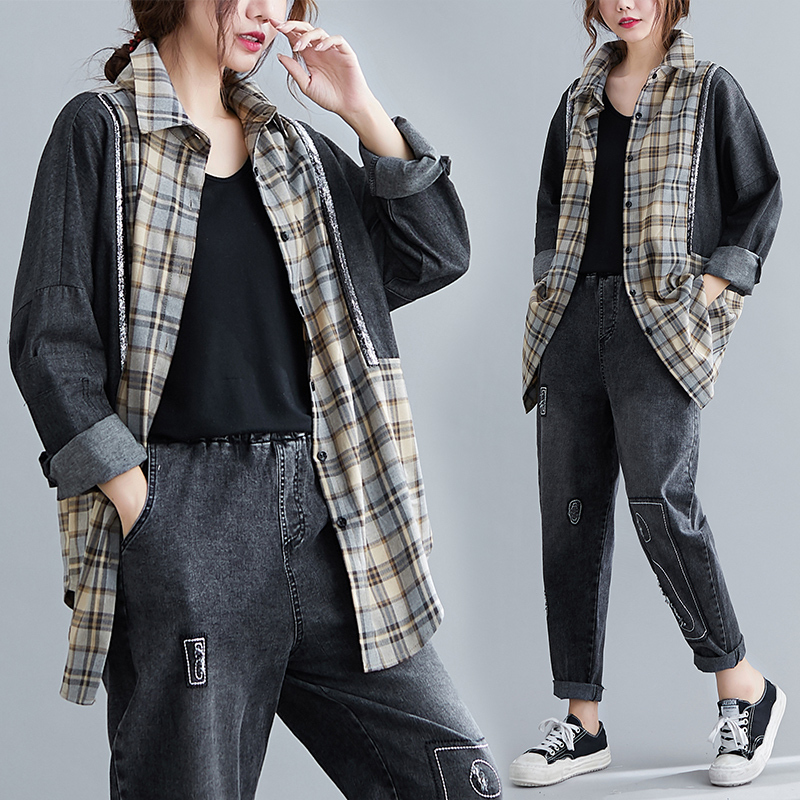 レトロ カジュアル 大きいサイズ トップス デニム チェック シャツ レディース ジャケット 長袖 ステッチ 襟付き メンズライク ボーイッシュ スタイルアップ 体型カバー ミディアム丈 ミディアムロング丈 ストリート 大人 ゆるカジ 楽ちん 男ウケ デート服 モテ 韓国