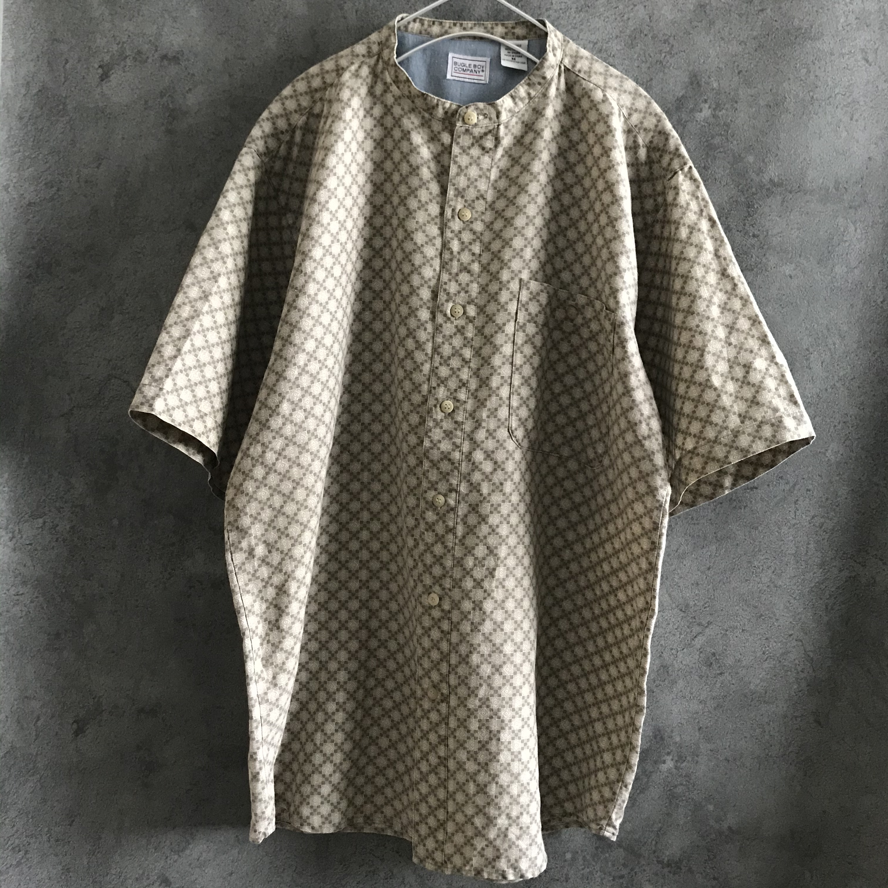 古着シャツ 古着 シャツ レトロ ヨーロピアン スタンドカラー 柄シャツ 麻 綿 総柄 アート メンズ 半袖 古着屋antenna