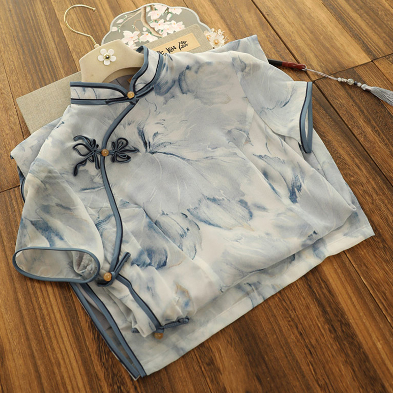 俏娘魚シリーズ チャイナドレス チャイナ風ワンピース ブルー プリント 半袖 ロング丈 気質アップ Elegant
