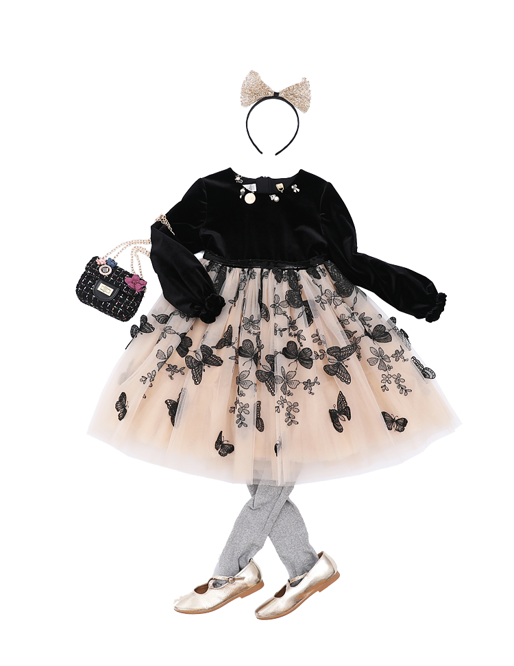 蝶々 ブラック 黒 ワンピース ドレス 長袖 秋冬 女の子 子供服 Black One Piece Dress Butterfly Kids Antoinette