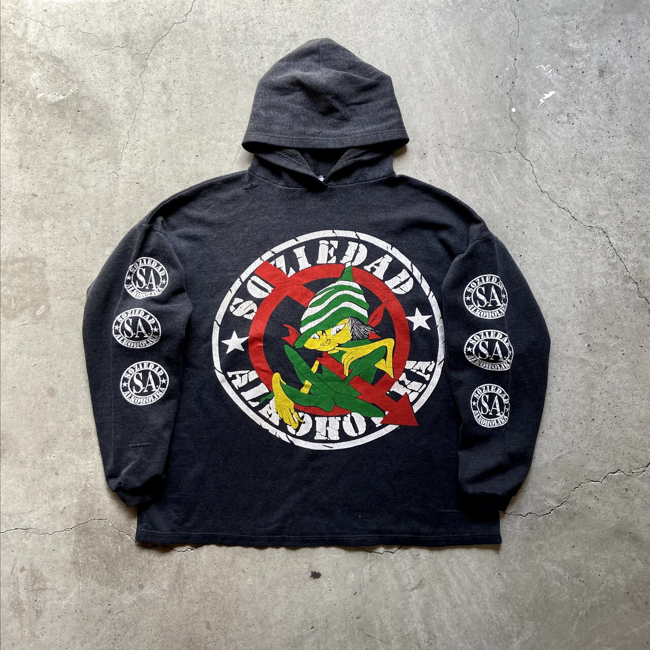 90年代 Soziedad Alkoholika バンド スウェットパーカー メンズxl 古着 90s ヴィンテージ ビンテージ プルオーバー パーカー 両面プリント バックプリント 袖プリント グレー 灰色 パーカー Cave 古着屋 公式 古着通販サイト All Off開催中