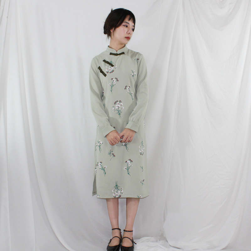 チャイナ風ワンピース 改良唐装 改良漢服 チャイナ風服 中華服 改良型チャイナドレス 普段着 女子会 同窓会 二次会 普段着 S M L Ll ロング丈 スタンドネック ライトグリーン 美品 Elegant