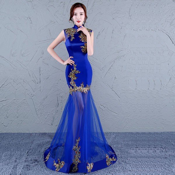 チャイナドレス ロング ワンピース 二次会 大きいサイズ S M L 2l 3l ノースリーブ グリーン ブルー マーメイドライン 刺繍 Elegant