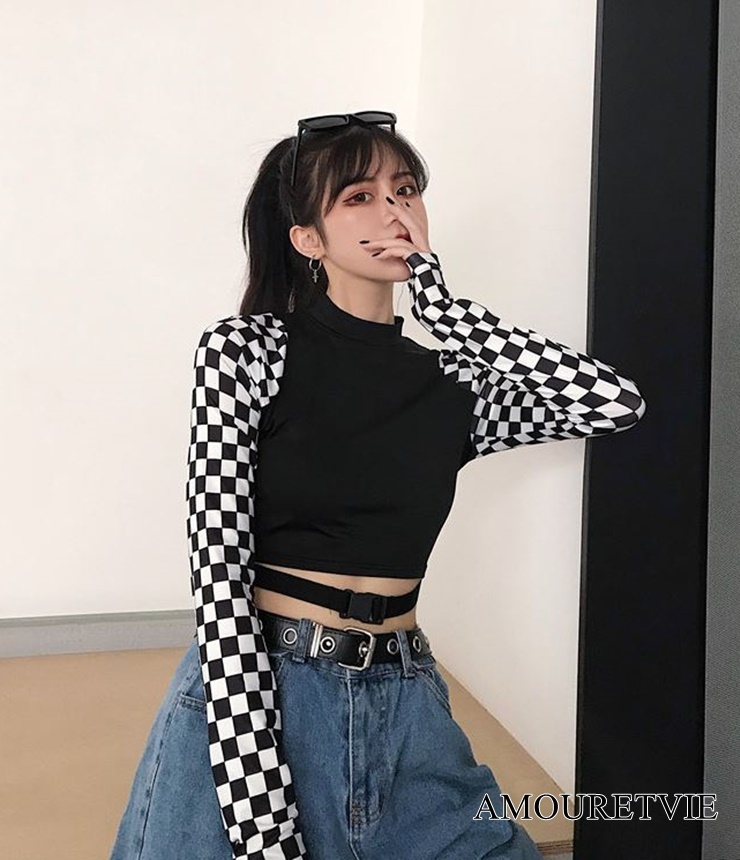 インスタグラマー着用モデル Tシャツ カットソー 白黒 チェック柄 モノトーン ピープス オルチャン 韓国ファッション M926 Amouretvie モレヴィ
