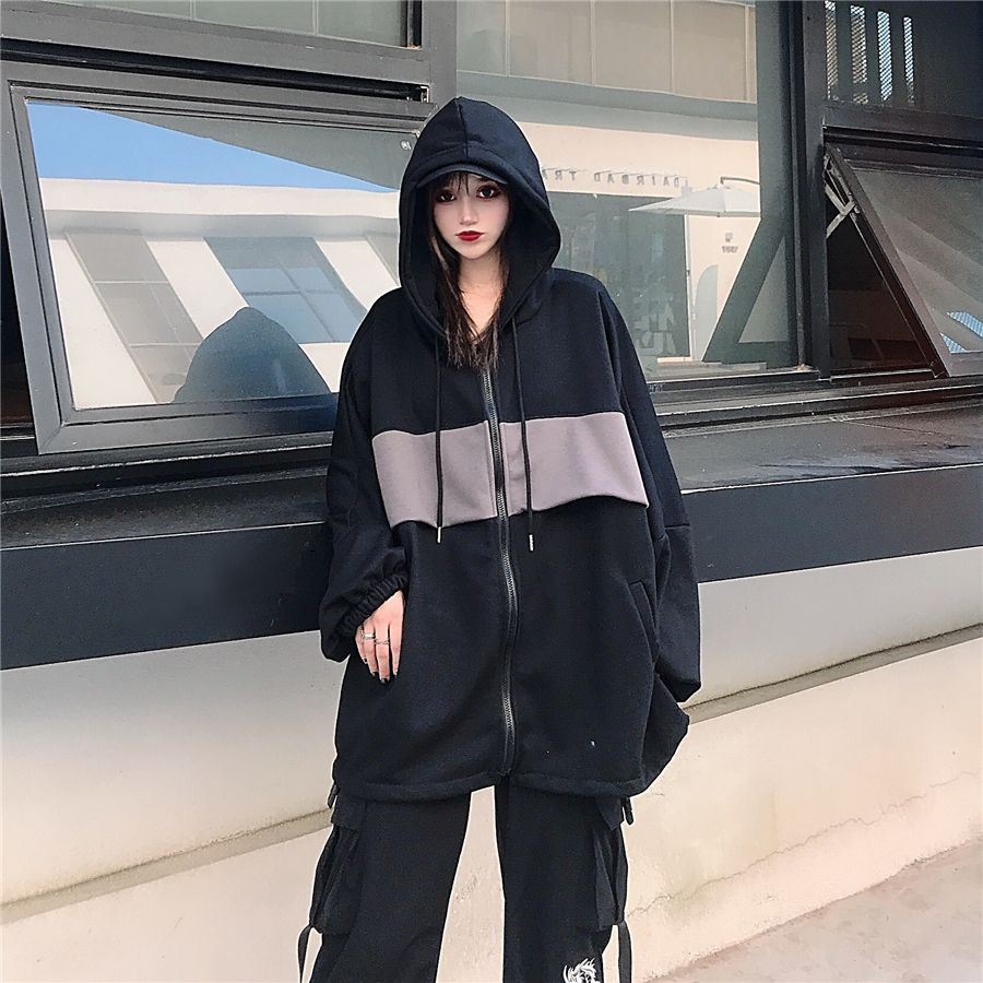ユニセックス プルオーバー パーカー バイカラー ジップアップ 韓国ファッション メンズ レディース オーバーサイズ カジュアル ストリート系 Street Dark Black Sleeve Hooded Thick Sweater Dtc Value Rave Notice バリューレイヴノーティス 韓国