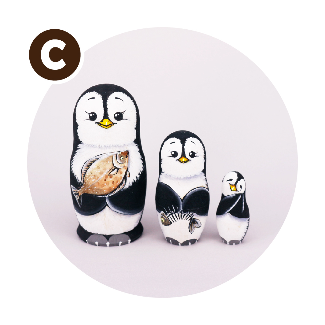 オレーシャ作 ペンギンマトリョーシカ 3個型 Ginza Hakko 木の香