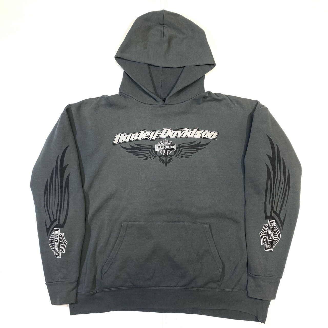 Harley Davidson ハーレーダビッドソン バイク モーターサイクル 両面プリント スウェットパーカー 袖プリント グレー メンズxxl相当 古着 スウェット Cave 古着屋 公式 古着通販サイト