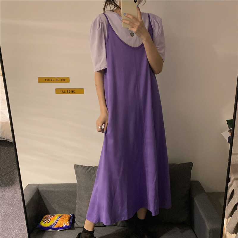 送料無料 ワンピース アンサンブル ミモレ丈 ロング丈 キャミソールワンピース Tシャツ カットソー 半袖 クルーネック パフスリーブ Aライン ラベンダー シャーベットカラー フレア カジュアル 大人可愛い フェミニン ナチュラル 清楚 春夏 お出かけ デイリー 女子会