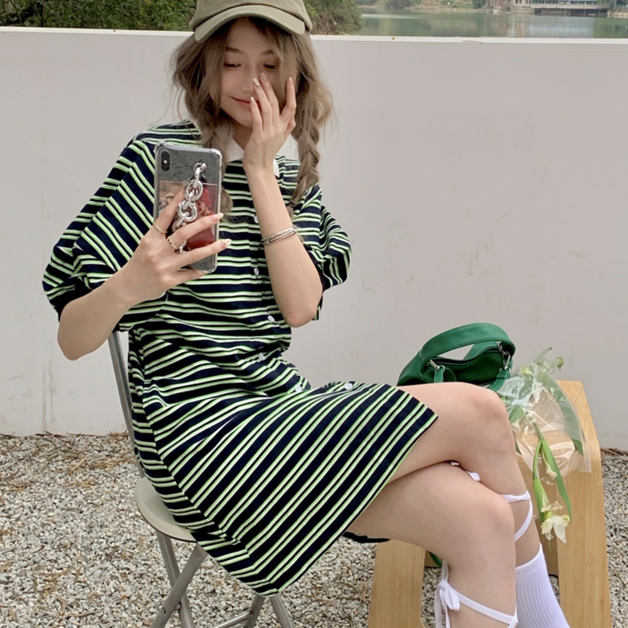 送料無料 グリーン コーデに ポロ ミニ ワンピース チュニック ボーダー パフ袖 ポワン カジュアル 着回し 学生 レトロっぽ Lamitte Deco トレンド 韓国ファッション ショップ