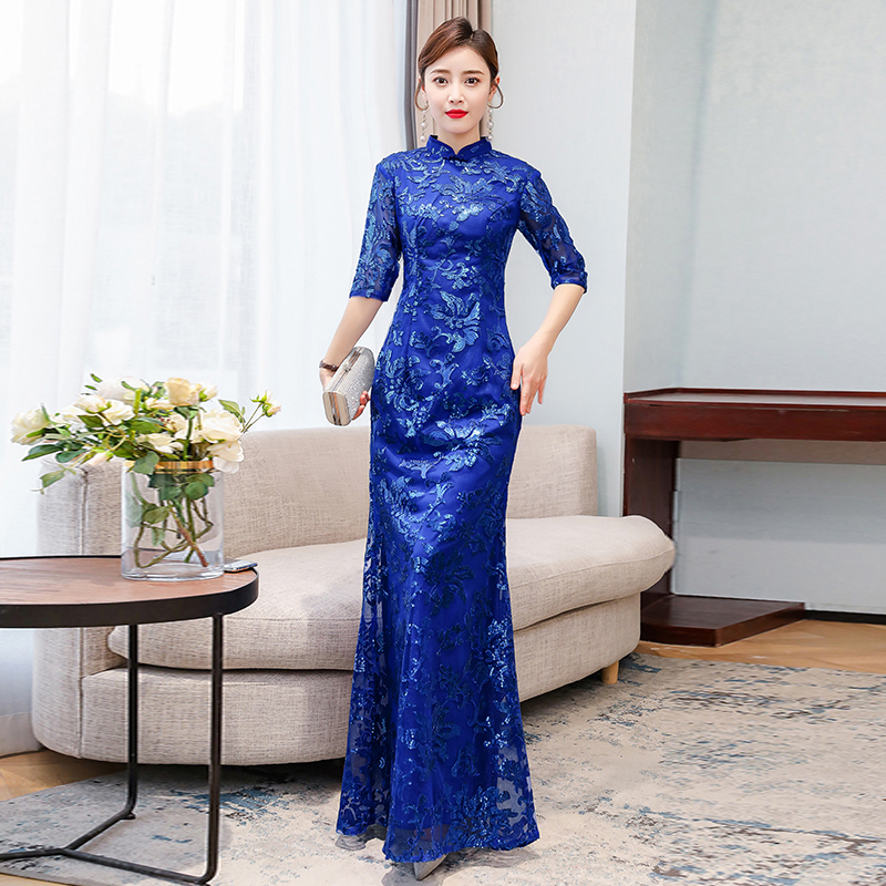ロングチャイナドレス チャイナ風ワンピース チャイナ風服 中華服 女子会 演奏会 五分袖 大きいサイズ M L Ll 3l 4l パーティードレス ブルー 青い スリム Elegant