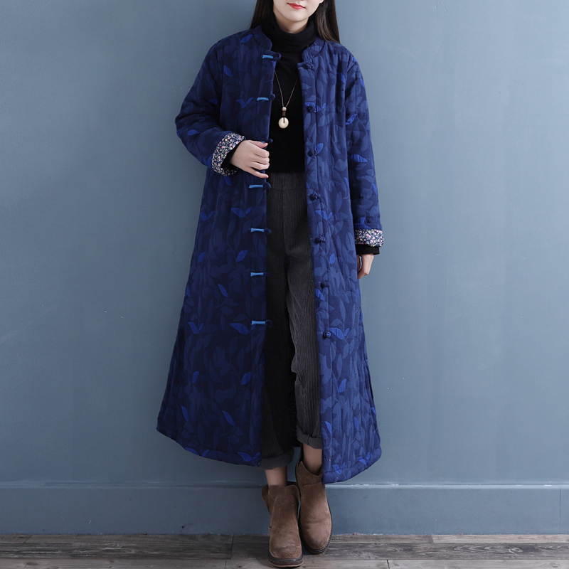 チャイナ風コート 棉麻コート 民族風コート トレンチコート アウター チャイナボタン ワンピース チャイナ風服 中華服 改良唐装 改良漢服 チャイナドレス フリーサイズ 秋冬 普段着 ネイビー レッド キルティング有 Elegant