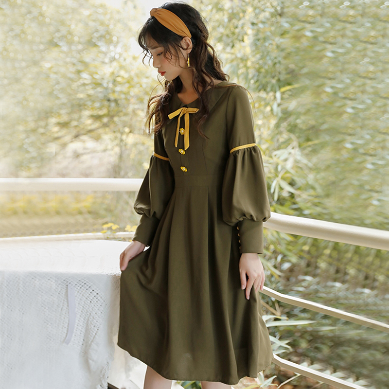 ロング丈ワンピース カジュアルワンピース レディースファション S M L 折り襟 長袖 着痩せ 合わせやすい レトロ シングルブレスト グリーン 緑 可愛い Dresszone