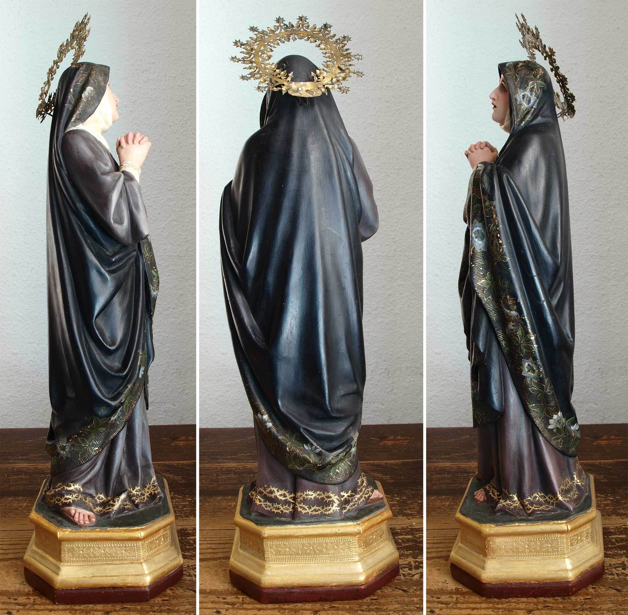 アンティーク メダイヨン 聖母マリアと幼子イエス 木彫クロス ドームガラスイコン