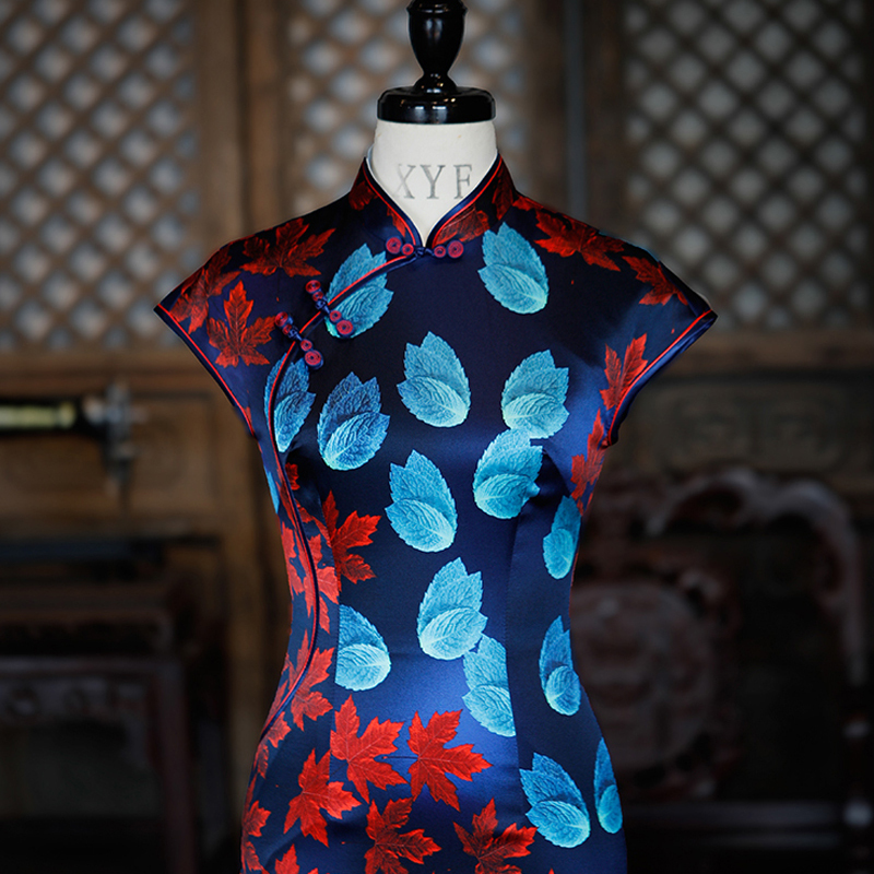 チャイナドレス ワンピース チャイナ風服 中華服 スタンドネック 半袖 ショート丈orロング丈 エレガント 着痩せ 上品 S M L Ll 普段着 パーティー 女子会 花柄 ネイビー シルク 高級感溢れる レトロ Elegant