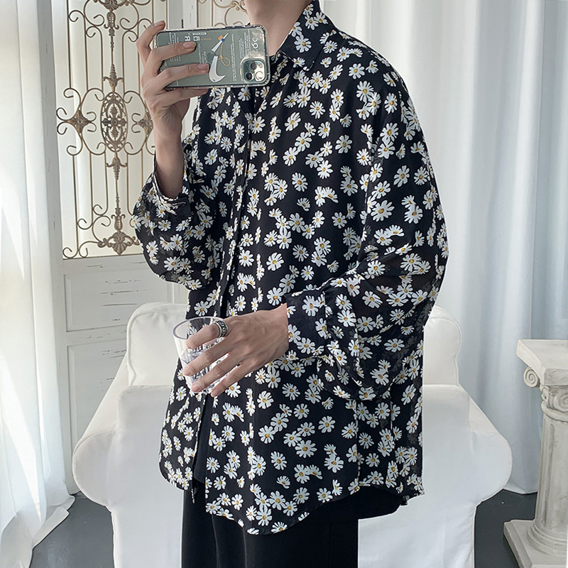 カジュアル メンズ シャツ 花柄 デイジー レトロ トラッド サマーシャツ 長袖 ゆったり アメカジ モテ服 きれいめ オルチャン 10代 代 天使と悪魔 サブカル系ファッション Seasonz