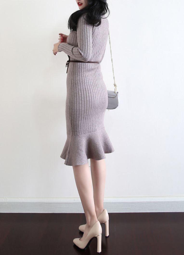 レディース フリル おしゃれ 冬 ニット 長袖 シンプル 通勤 通学 切り替え フィッシュテール セクシー シンプル ニットワンピース Antoinette