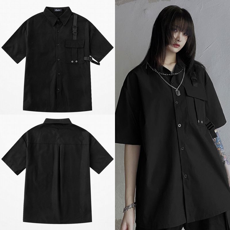 ユニセックス シャツ 半袖 メンズ レディース バックル 胸ポケット オーバーサイズ 大きいサイズ ルーズ ストリート Tbn Mamos マモス ストリートファッションならお任せ 韓国ファッションがお好きな方も要チェックです