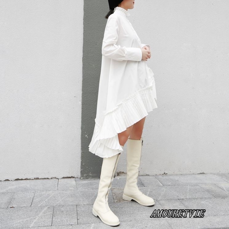 ワンピース アシンメトリー シャツワンピース フリル プリーツ ミディアム ミディ丈 ドレス 黒 白 モード系 ヴィジュアル系 562 Amouretvie モレヴィ