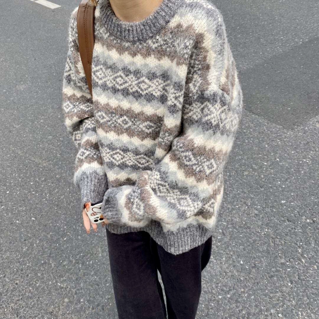 送料無料 総柄ニット ニットプルオーバー デザインニット 古着風 メンズライクコーデ K433 Kacch カッチ