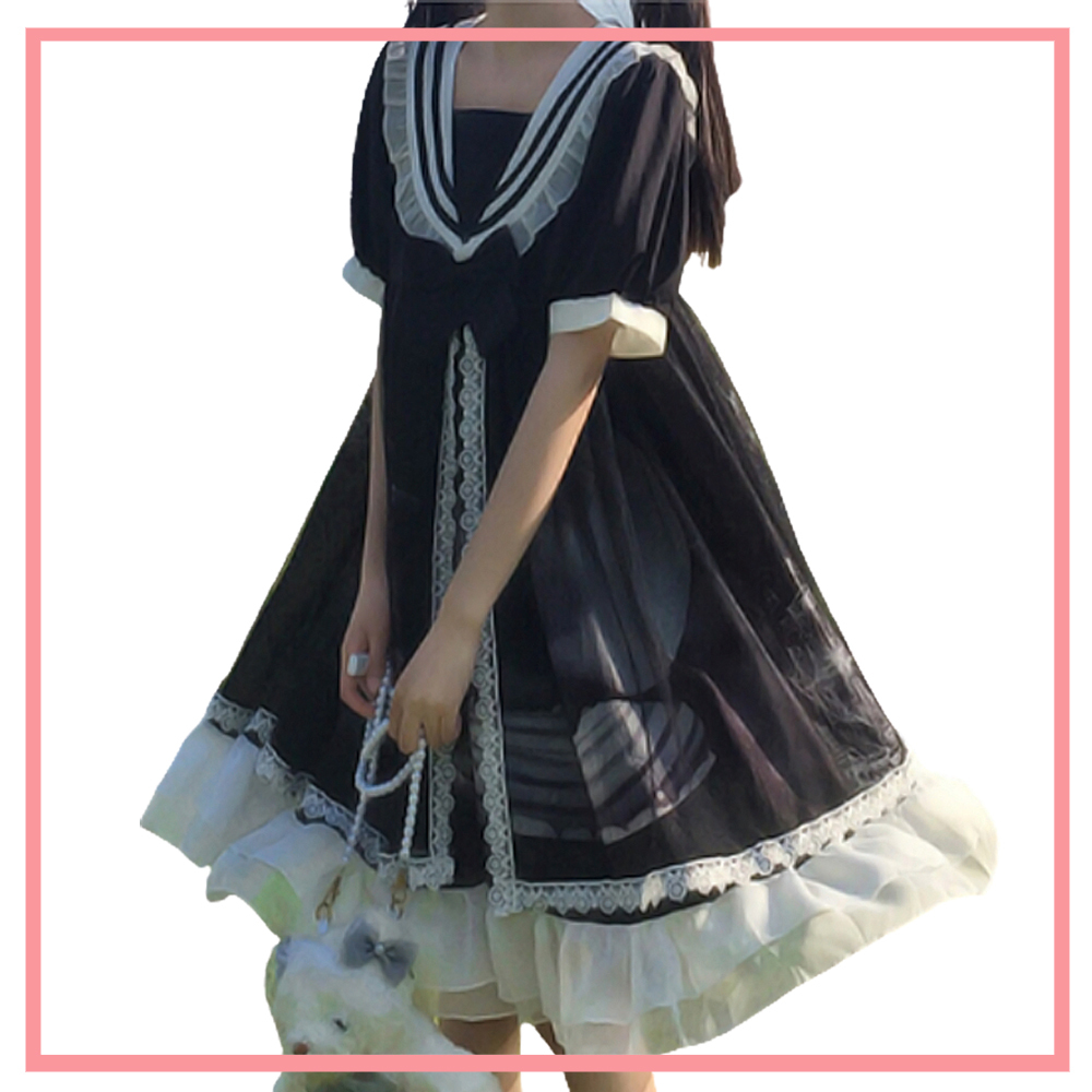 星と月の夢の甘いロリィタワンピース ブラック Black Lotus