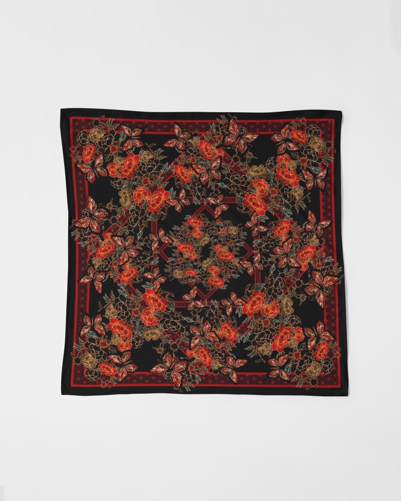 和柄牡丹と蝶ブラック 華蝶風呂敷スカーフ Baroque Japanesque バロックジャパネスク
