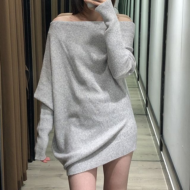 ワンピース ニット ニットワンピース オフショルダー ワンショルダー 長袖 ミニ丈 チュニック丈 レイヤード センシャル フェミニン モノトーン カジュアル 大人カジュアル フェミニン ガーリー 大人ガーリー 秋冬 Op 0418 Y Happy Orurea ハッピーオルレア