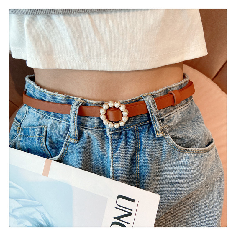 送料無料 コーデのポイントに 丸型 パールバックル 細ベルト 華やか 3カラー Puレザー 花柄 Lamitte Deco トレンド 韓国ファッション ショップ