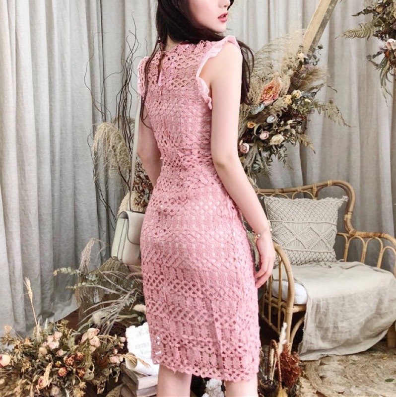 予約 Pink Lacey Ribbon Tie One Piece W1 444 Aelee