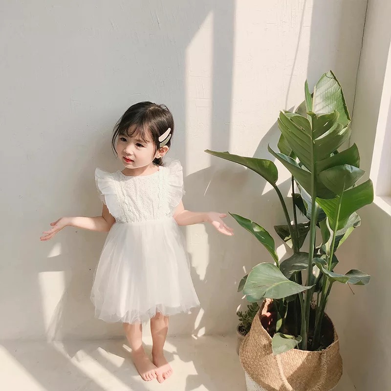 送料無料 女の子 2色 ホワイト 白 レース ワンピース 背中開き リボン ドレス キッズ 子供 ベビー チュール 春 夏 La Preference