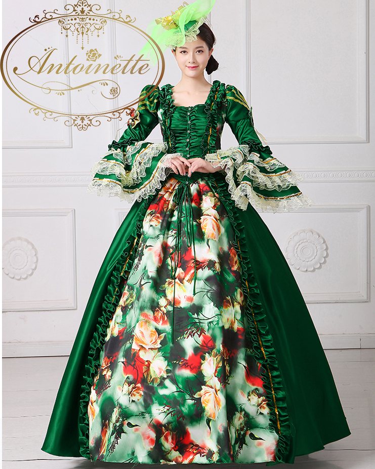 袖フリル 緑 フランス Aライン 貴族 衣装 アントワネット ハロウィン 華やか お姫様 中世貴族 ミュージカル 舞台衣装 Antoinette