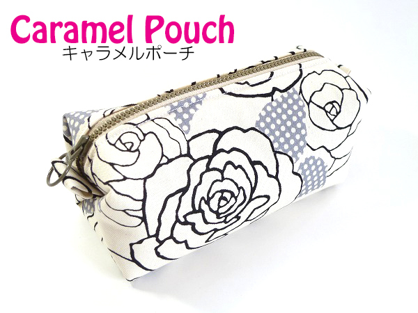 キャラメルポーチ 薔薇 バラ柄　白・グレー (大)  がま口屋さんchocho  手づくりのがま口のお店 powered by BASE