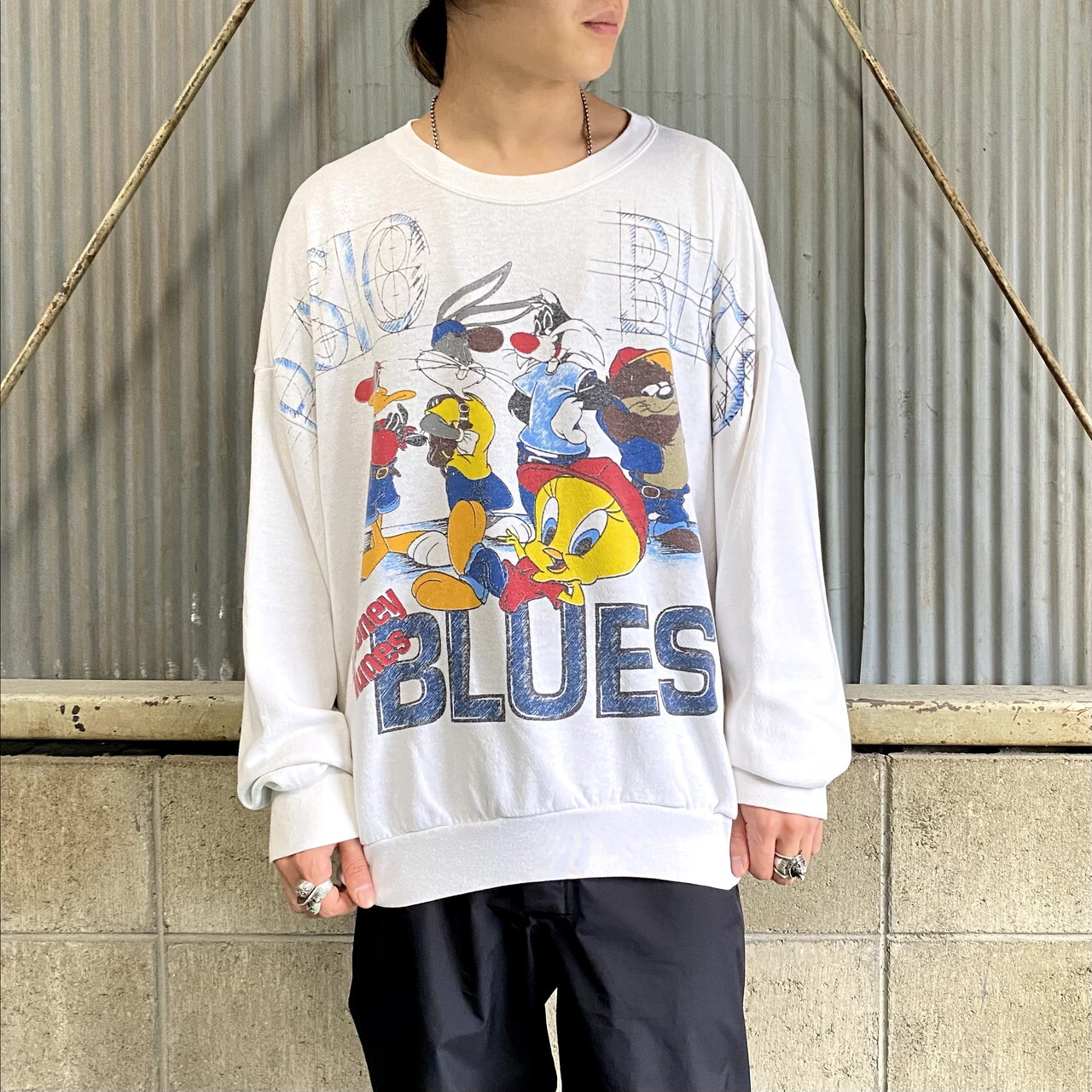 90年代 ルーニーテューンズ ブルース キャラクタープリントスウェット メンズxl レディース 古着 Looney Tunes Blues トゥイーティ Warner Bros 90s ビンテージ ヴィンテージ トレーナー ホワイト 白 スウェット Cave 古着屋 公式 古着通販サイト