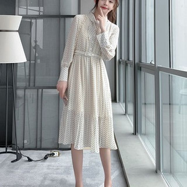 レトロボウタイシフォンワンピース ワンピース 長袖 ウエストマーク ボウタイ プリーツ ひざ丈 フェミニン ガーリー 大人ガーリー 大人カジュアル カジュアル 夏 春 Op 0904 Y Hapi Hapi Girl ハピ ガル