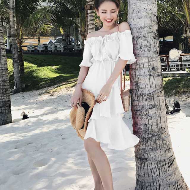 サマードレス オフショル 白ワンピース ミモレ丈 半袖 ひざ丈 フリル 胸元リボン ハイウエスト サマーワンピース ビーチワンピース シャ Manajily オルチャン 韓国 プチプラレディースファッション
