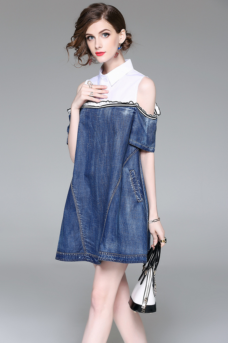 結婚式 肩出し オフショル シャツ Aライン デニム パーティドレス 結婚式ドレス 二次会 お呼ばれ 代 30代 40代 ワンピース ワンピドレス 秋新作 ドレス Dress Seven