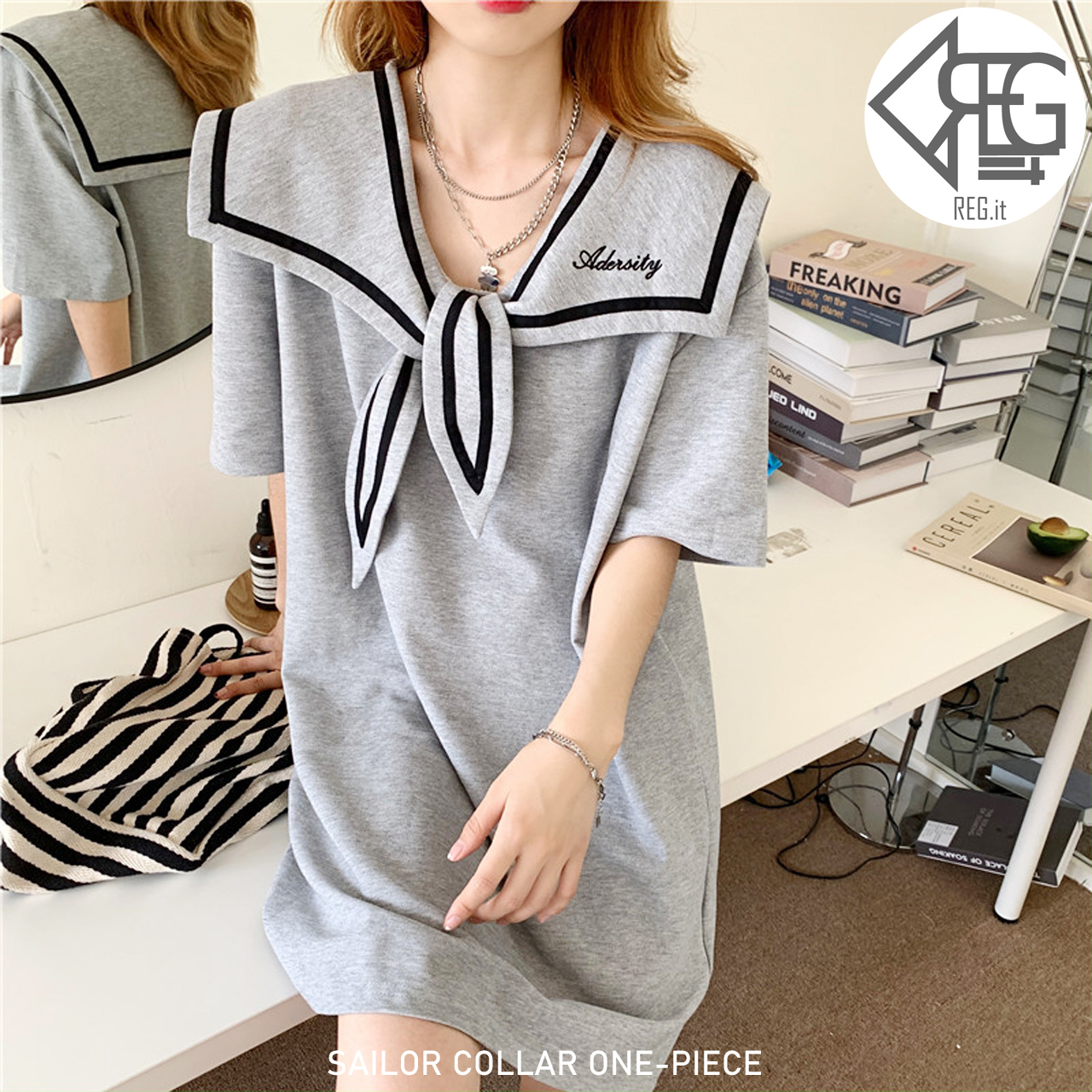 Regit Sailor Collar One Piece Gray S S 韓国ファッション ワンピース ひざ上 セーラー マリン 夏 カジュアル 大人かわいい 10代 代 プチプラ 着回し 着映え ネット通販 Tac012 Regit