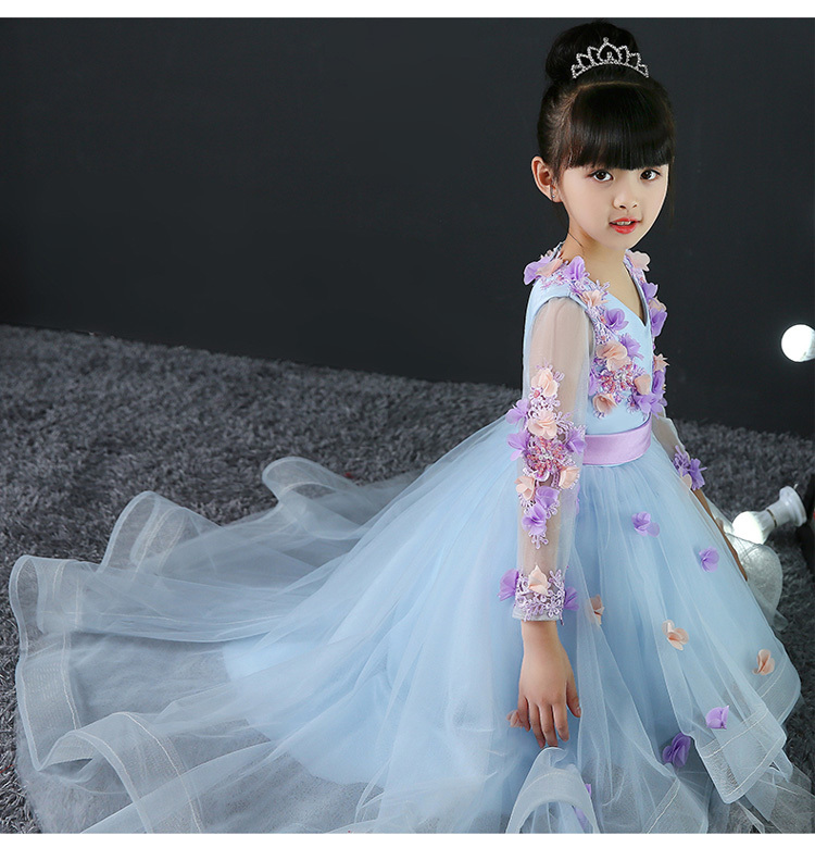 アシンメトリー Vネック 長袖 子どもドレス キッズドレス ジュニアドレス フォーマル用 ピアノ発表会 結婚式 入園式 ワンピース 子供服 ブルー Elegant