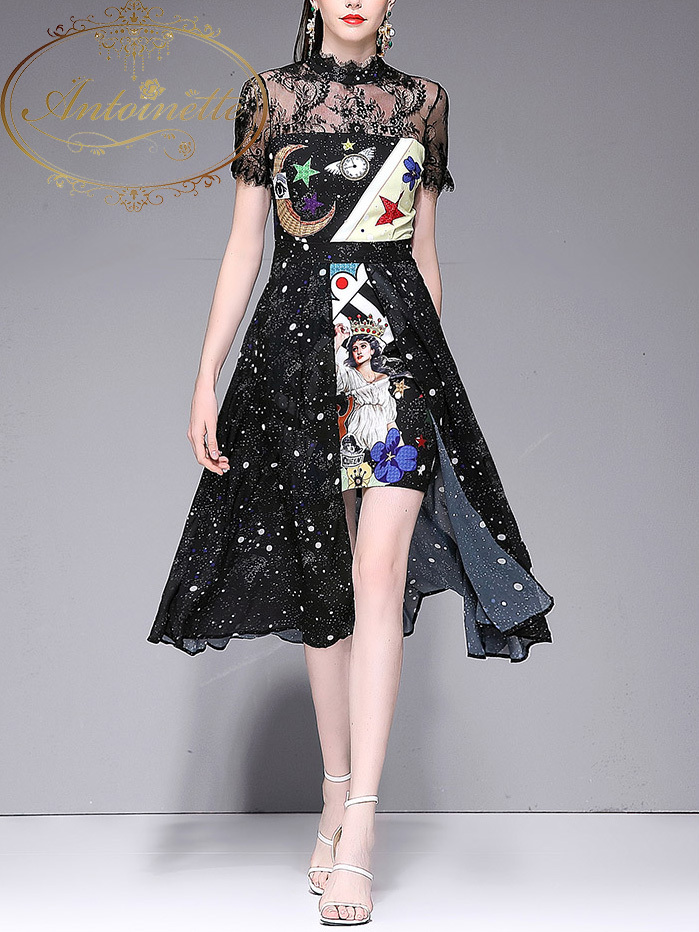 レディース 韓国服 個性的 ギャラクシー ワンピース ドレス 華やか かわいい 半袖 宇宙 切替 Antoinette