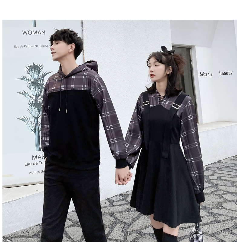 チェック柄 フーディ パーカー ワンピース 0873 メンズプルオーバー スウェット カップル ペアルック リンクコーデ カジュアル お揃い デート 夫婦 親子 カップルのリンクコーデ専門店 Pair Cele ペアセレ