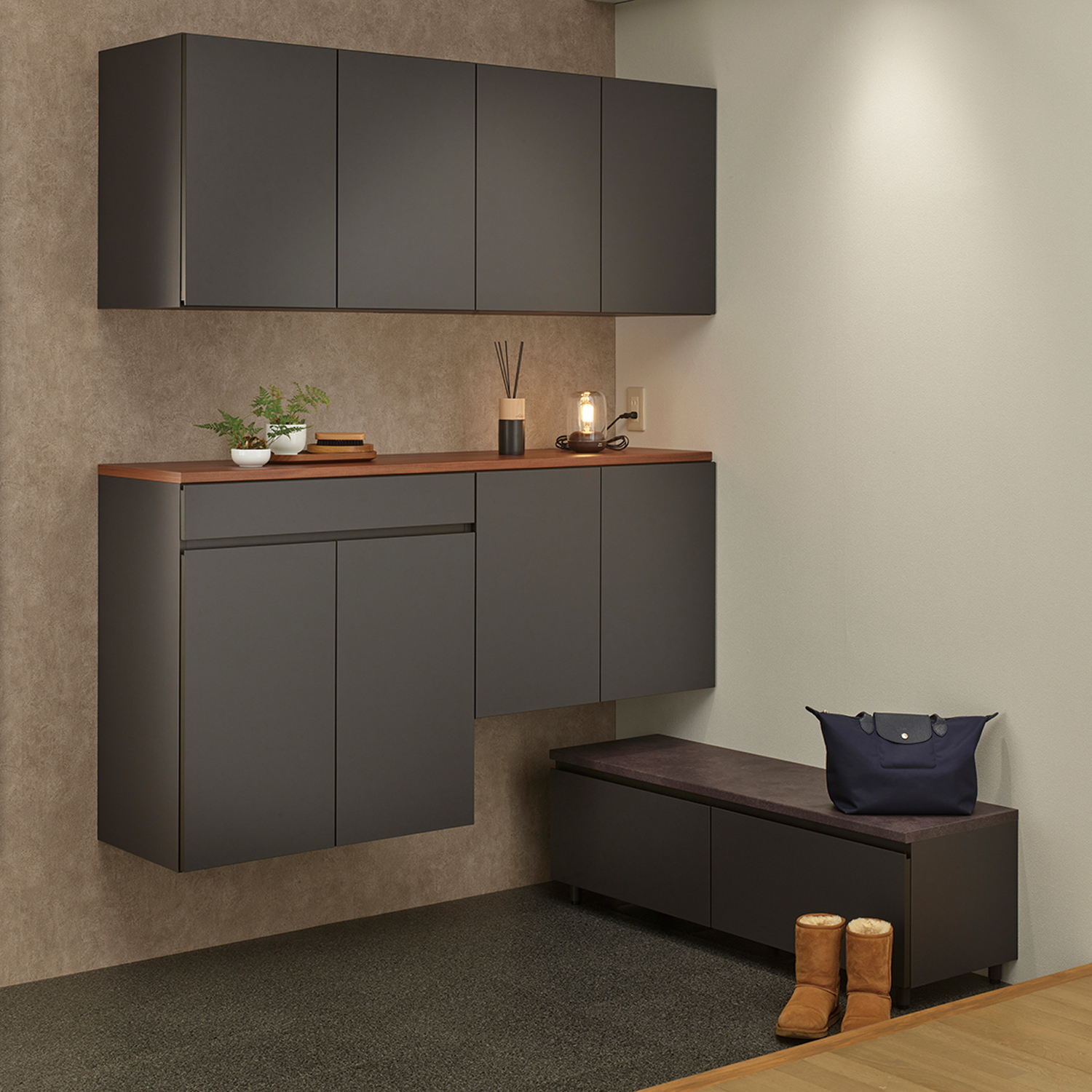 玄関 エントランス収納 幅160cm 奥行40cm マルチセットプラン 玄関収納 下駄箱 シューズボックス 靴収納 吊戸 収納付ベンチ Margin Cabinet Ec