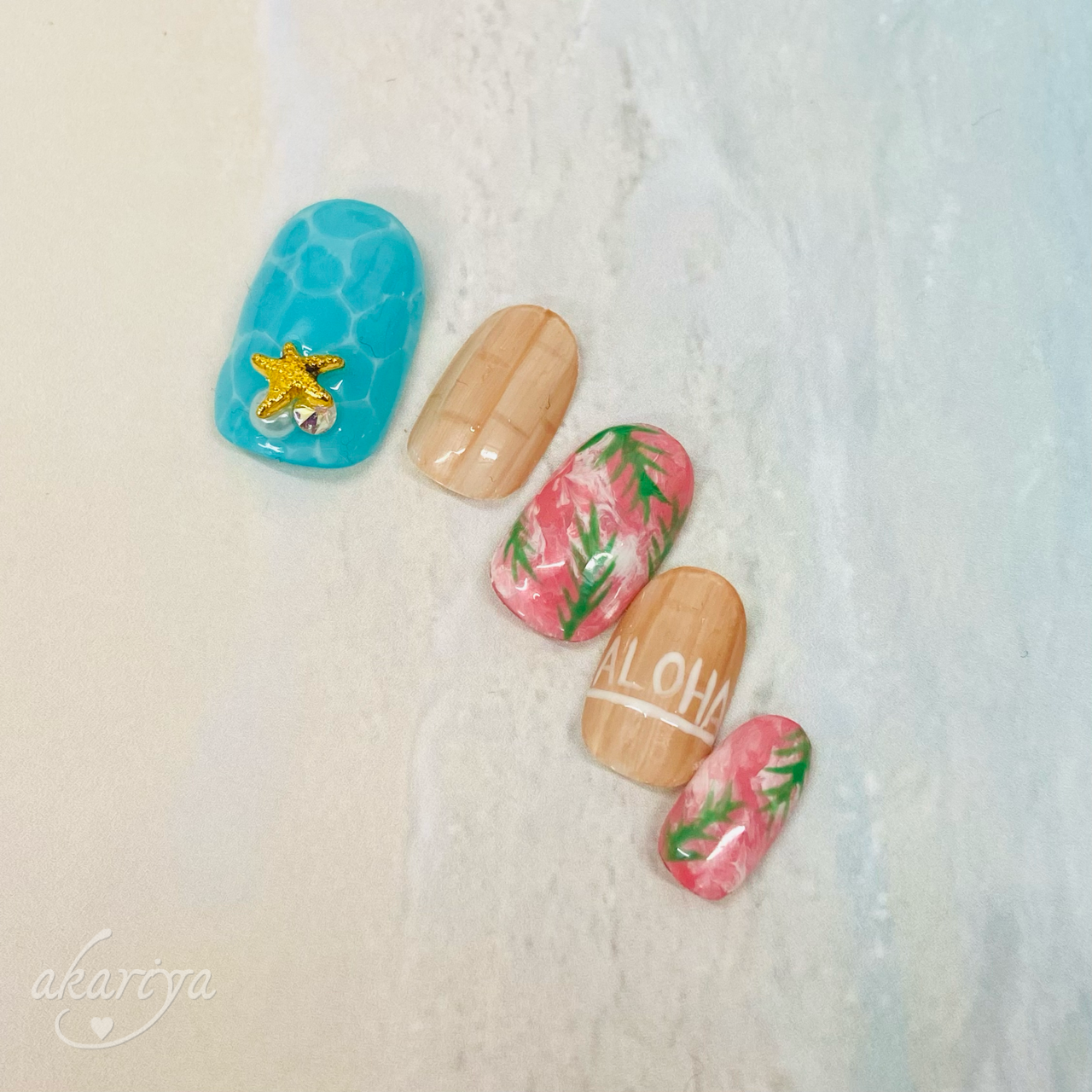 053 海 水面 ブルー ウッド サーフコーデ ハワイアン ドロップネイルチップ 緋り家 Akariya