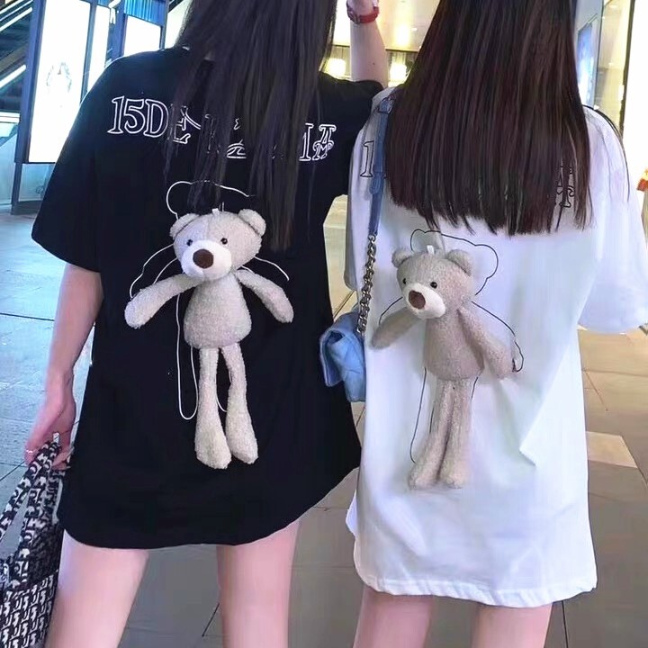 Tops Tシャツ海外トレンド熊ぬいぐるみ付き2色ゆったり合わせやすい Nanastyle