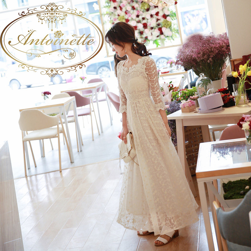 レース ロングワンピース レディース 可愛い 綺麗 ホワイト 春 春コーデ 長袖ワンピース Antoinette