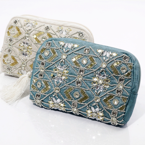 ポーチ かわいい ビーズ 刺繍 ２カラー 横長ポーチ アクセサリーケース 小物入れ スマホケース おしゃれ タッセル 布張り 雑貨屋リエット