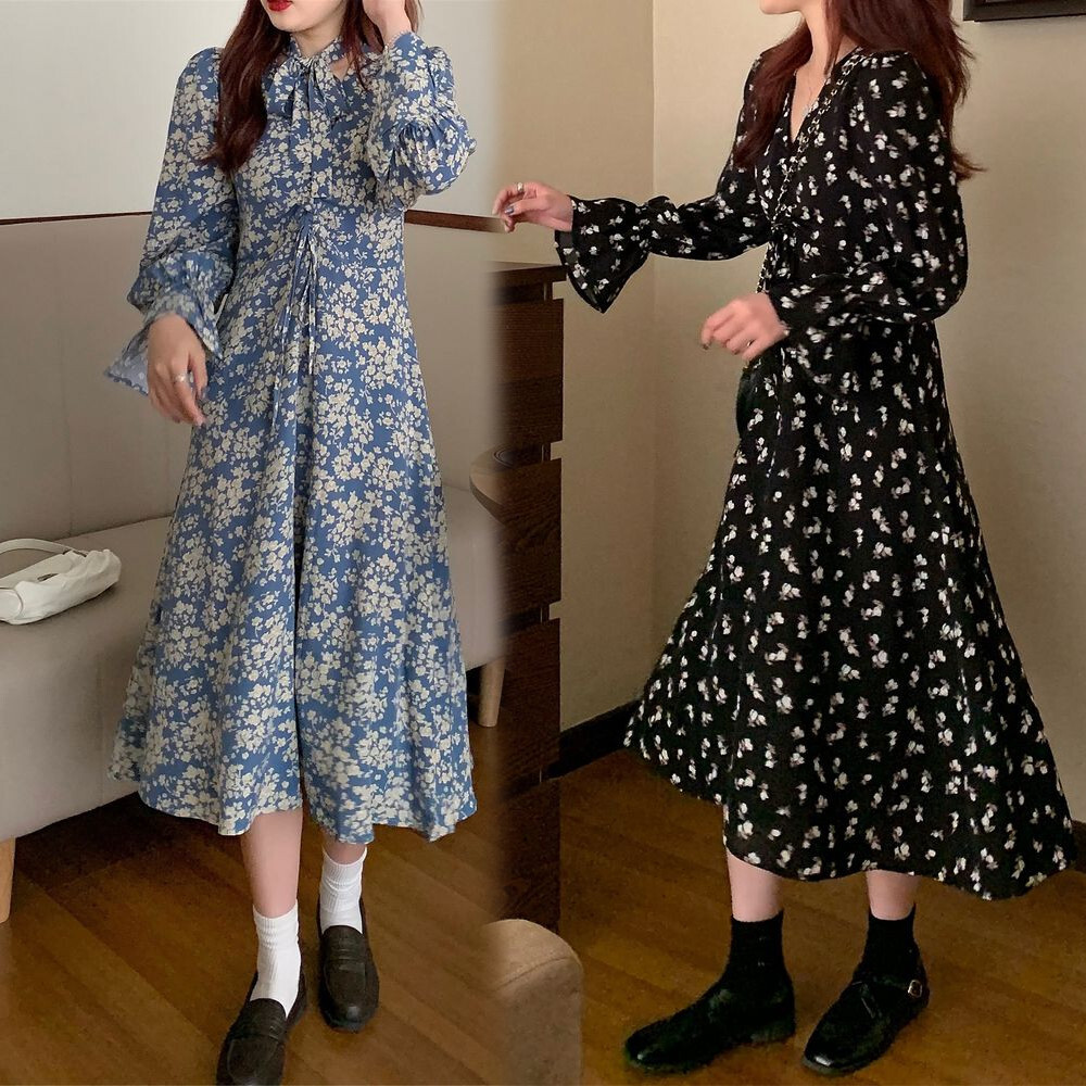 花柄 ワンピース Vネック 長袖 ロング丈 韓国ファッション レディース 大人可愛い ガーリー フェミニン French Retro Design Long Sleeve Floral Dress Dtc Value Rave Notice バリューレイヴノーティス 韓国ファッションやハワイアンジュエリー