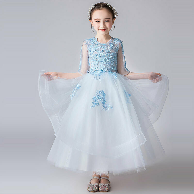 子どもドレス キッズドレス ロングドレス 刺繍 立体花飾り フォーマル用 ピアノ発表会 結婚式 花童 卒業式 子供服 女の子 ワンピース ブルー Elegant
