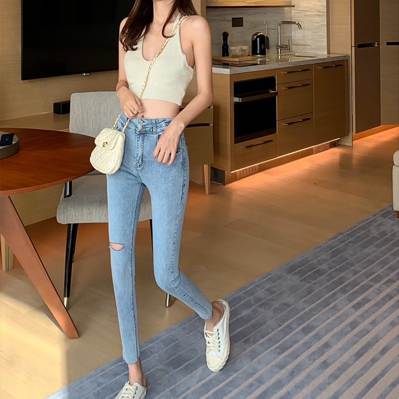 ジーンズ女性新しいハイウエストタイトな鉛筆のズボンの春の野生のカジュアルな穴9ポイントの足のズボンの潮 セブンプリンセス Mixlily Shop A1
