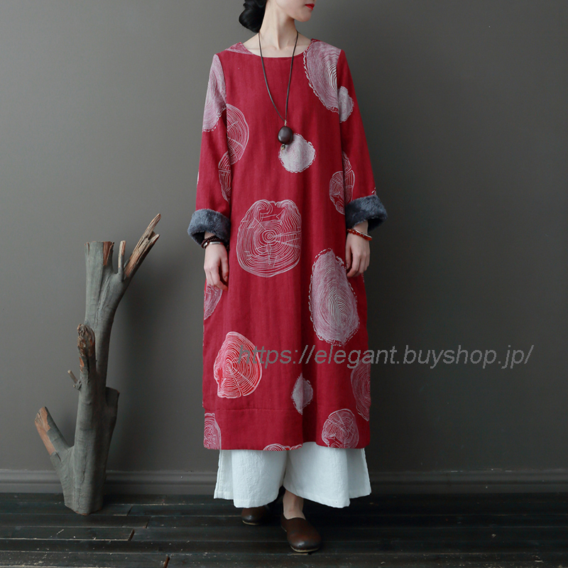 チャイナ風ワンピース ロング丈ワンピース 改良唐装 改良漢服 チャイナ風服 中華服 同窓会 普段着 女子会 ラウンドネック 長袖 裏起毛 ゆったり レッド 赤い Elegant